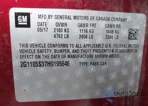 2017 Chevrolet Impala 1Lt from USA, damaged, VIN 2G1105S37H9195646